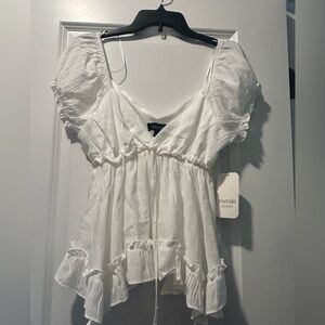 meraki White V-Neck Ruffle Peplum Blouse